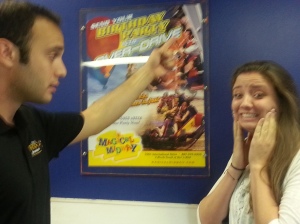 Mike pointing out the absolute terror on the face of the guy in the advertisement. Katie freaking out. 